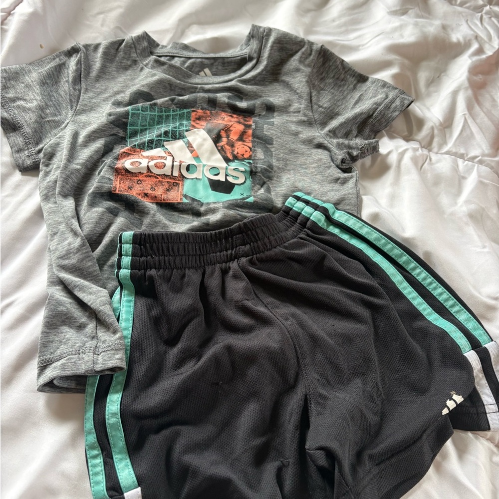 adidas Gray Graphic Tee and Black Shorts with Teal Stripes